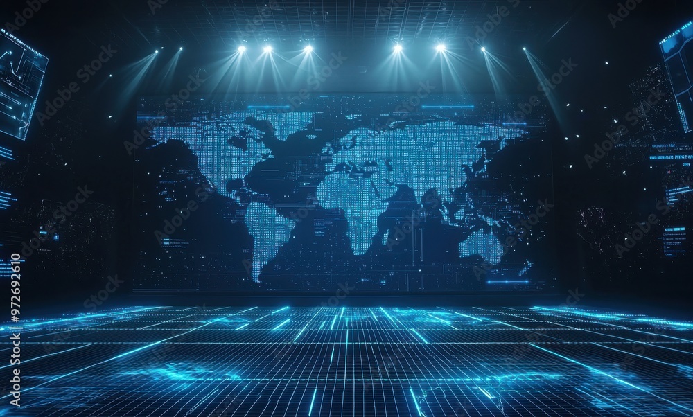 Poster blue digital world map displayed on a high-tech screen with glowing lights, illustrating global conn