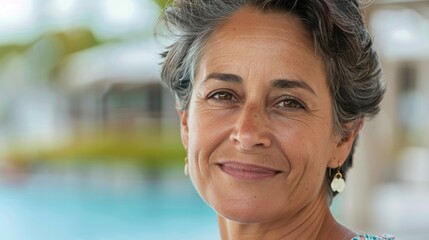 Fototapeta premium Middle-aged businesswoman taking a serene break at a luxury resort, wearing a stylish shirt