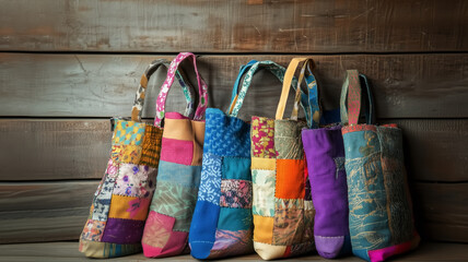 A set of reusable tote bags made from upcycled fabric scraps, vi