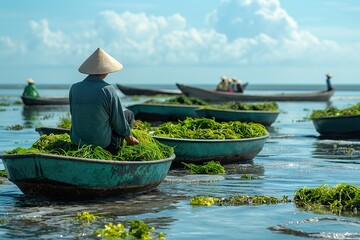 Obraz premium Fishing and harvesting seaweed in Binh Dinh province during the sunny season bringing together local traditions and nature