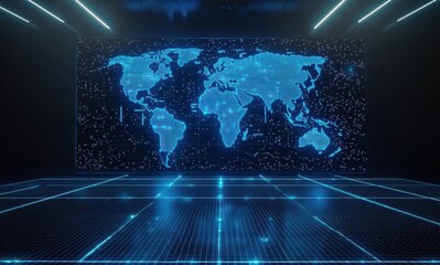Blue digital world map on a futuristic screen reflecting data and technology themes