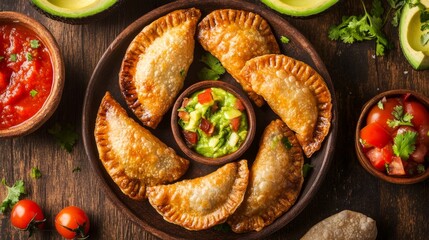 Fried empanadas from Latin America topped with avocado and tomato sauces. top view.