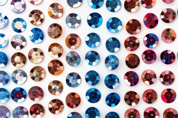 Obraz premium A vibrant collection of shiny sequins arranged on a white background showcasing varying colors and textures in bright daylight