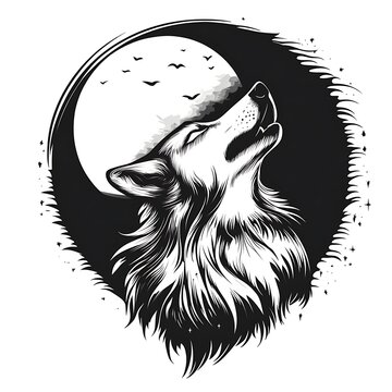 recommend clip art: A Black and White Illustration of a Wolf Howling at the Moon
