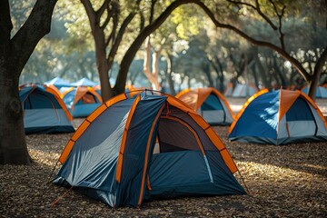 A vibrant tent city in the park where tourists gather for camping under the trees