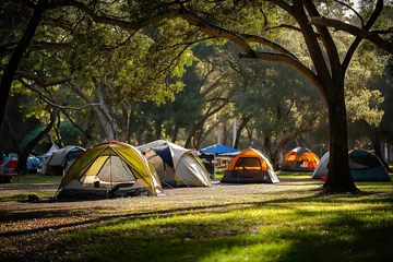 Fotobehang Colorful tents provide a cozy retreat in a lively park camping area surrounded by trees and nature © Road Red Runner