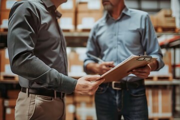 Warehouse manager discussing inventory with an employee holding a clipboard during a busy workday