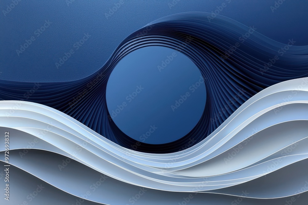 Poster abstract blue metallic circle with layered waves on a textured background creating a serene and mode