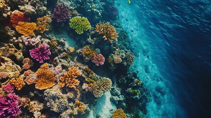 Fototapeta premium Expansive aerial shot of a vibrant coral reef in crystal-clear waters, with colorful corals and schools of fish visible beneath the surface. 4K hyperrealistic photo.