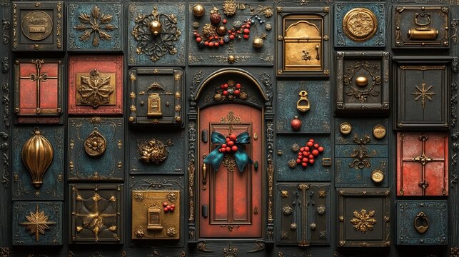 Detailed texture of an Advent calendar, with each door featuring intricate designs and festive colors. 4K hyperrealistic photo.