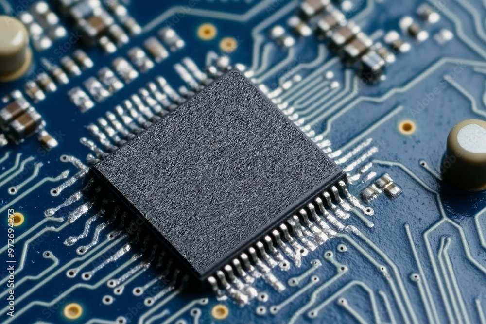 Aufkleber close-up view of a microchip on a circuit board