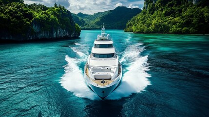 A yacht is cruising on the ocean with lush greenery in the background, representing a luxurious...