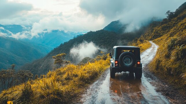 During the wet season, off-road vehicles travel along the mountain route.
