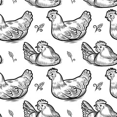 Seamless pattern sketch of hen, rooster, chicken. Different poses of bird sitting, standing. Vintage illustration. Element for fabric, packaging and postcard design.