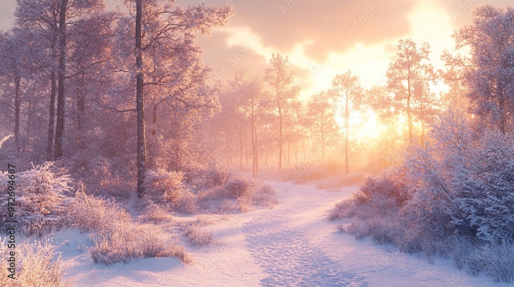 Poster snow-covered forest path illuminated by the soft glow of a winter sunrise, with frosty trees and a b
