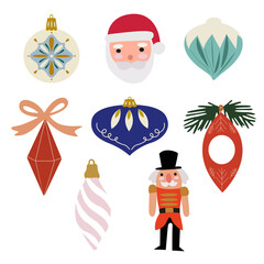 Merry Christmas and Happy New Year vector flat elements. Christmas wreath, snowman, gingerbread man, Santa Claus, Nutcracker, gifts and cupcake. Traditional Christmas tree decorations and toys