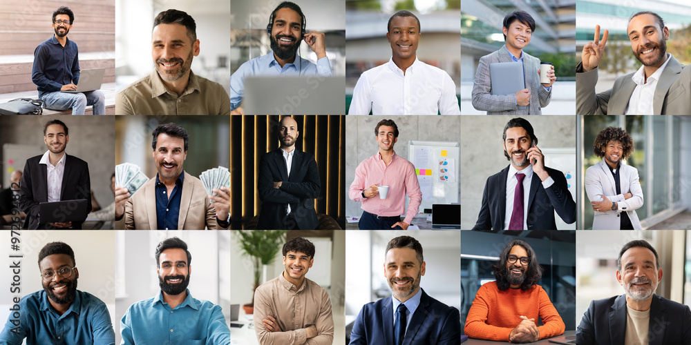 Poster In a vibrant office setting, a diverse group of men showcases a range of expressions and activities. They are engaged in different tasks, from working on computers to interacting with colleagues