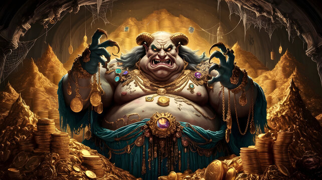 Mammon, Demon of Greed, Surrounded by Treasure in a Dark Cavern
