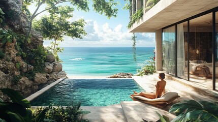 Fototapeta premium Couple enjoying a tropical beachfront villa with a private pool, surrounded by lush gardens and ocean views. 4K hyperrealistic photo.