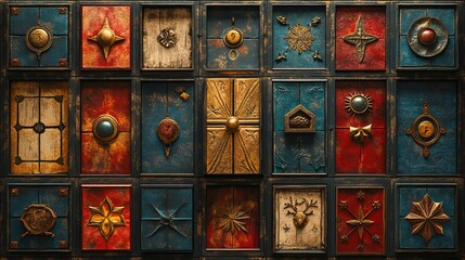 Detailed texture of an Advent calendar, with each door featuring intricate designs and festive colors. 4K hyperrealistic photo.
