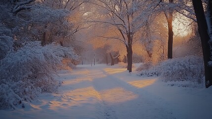 Obraz premium Snowy path through a quiet suburban park, with tall, frosty trees and the soft sound of crunching snow underfoot. 4K hyperrealistic photo.