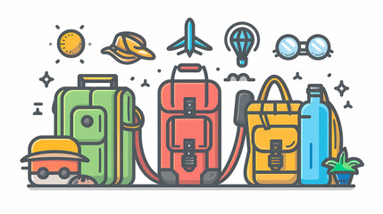 A simple vector icon illustration depicting the group of travel items at center for a website isolated white background