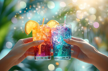 “People Toasting with Colorful Drinks at the Beach”
