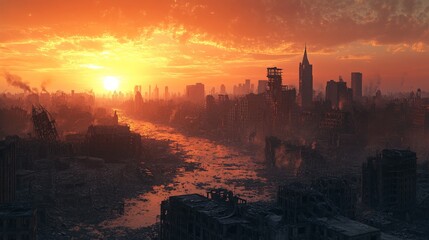 Naklejka premium The sun sets over an apocalyptic city with a skyline of crumbling buildings and widespread ruins, casting an eerie light on a landscape of past human civilization in disarray.