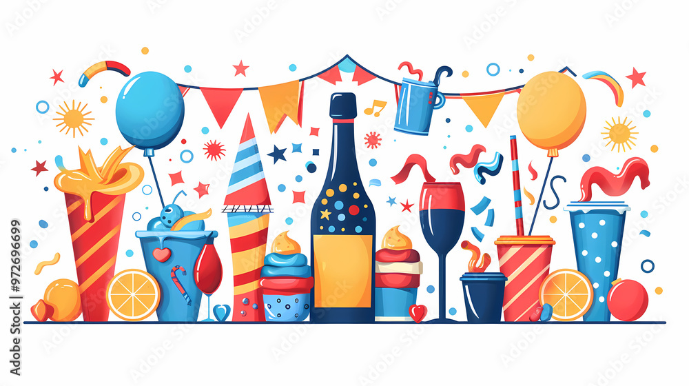 Wall mural A simple vector icon illustration depicting the group of party supply items at center for a website isolated white background 