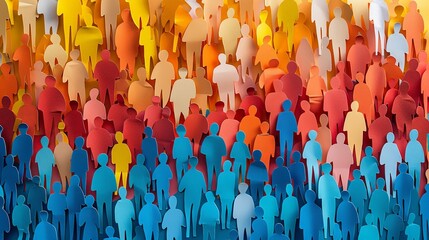 An array of vibrant and colorful human silhouettes representing diversity and unity, placed on a gradient background transitioning from warm to cool hues in an abstract design.