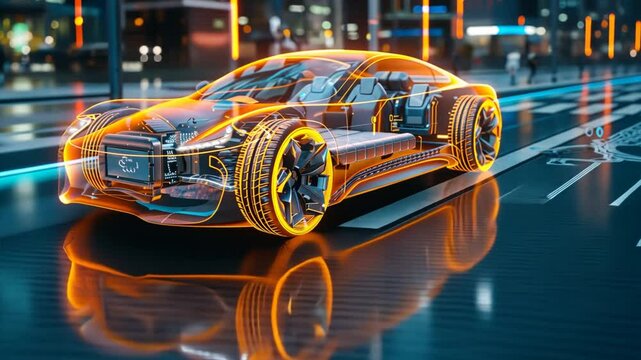 Electric Dreams on Neon Streets: A futuristic electric car with a visible internal framework cruises down a neon-lit city street, embodying innovation and sleek design.  