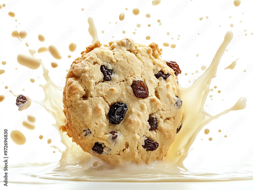 Poster a raisin cookie splashing into milk creating a wave and droplets.