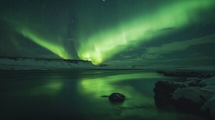 Captivating Northern Lights Reflecting in Tranquil Icelandic Waters under a Starry Sky