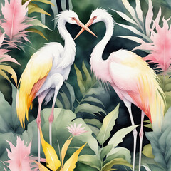 Two herons among the foliage. An elegant illustration in pastel shades