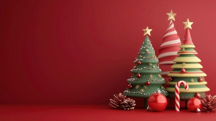 Merry christmas background with Christmas trees adorned with shiny ornaments, Christmas balls, and two candy canes - Holiday season xmas card decoration, greeting card