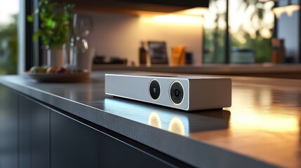  Minimalist speaker with modern design sitting on a sleek kitchen counter, blending into high-tech, smart home setting with ambient lighting.