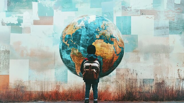 Composite collage image of funny schoolboy globe geolocation pgs location knowledge geography study billboard comics zine minimal - Powered by Adobe