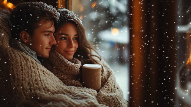 Young couple cuddled up under a blanket, sipping hot cocoa and watching the snow fall outside the window. 4K hyperrealistic photo.