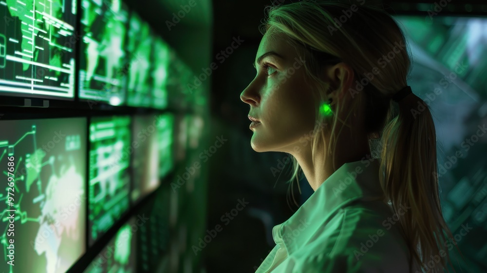 Poster a woman is looking at a computer screen with many monitors
