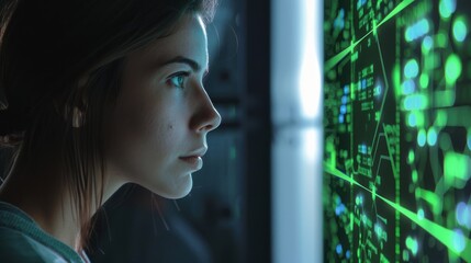 A woman is looking at a computer screen with a green screen