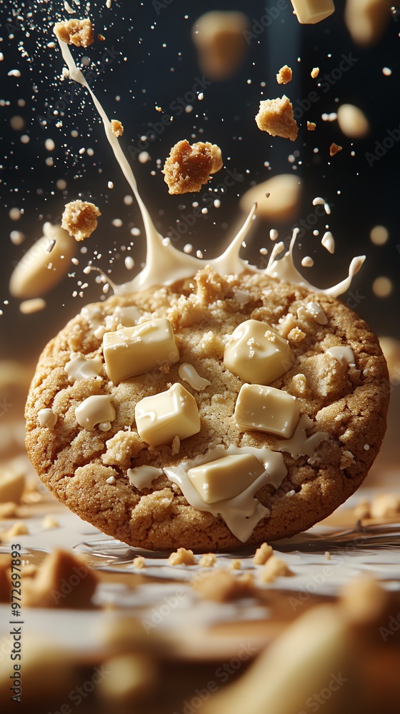Poster a single cookie with white chocolate chunks and pieces of cookie dough flying around it, with milk b