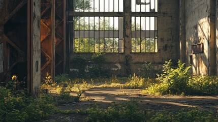 Obraz premium Abandoned brutalist factory with crumbling concrete walls, broken windows, and rusting metal accents, surrounded by overgrown weeds. 4K hyperrealistic photo.