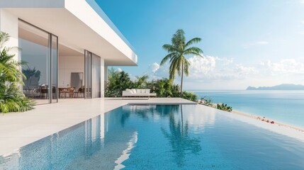 Fototapeta premium Modern beautiful house with pool and parking for sale or rent by the sea, with palm trees and flowers on a tropical island.