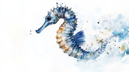A vibrant watercolor depiction of a seahorse swimming gracefully through the ocean currents in a bright and artistic style