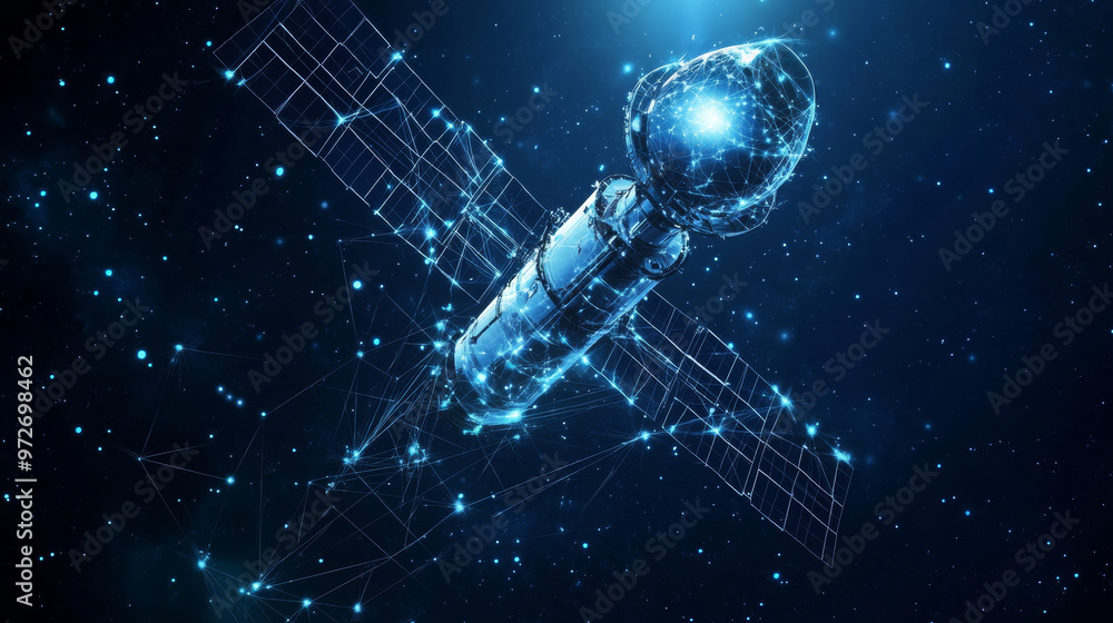 Wall mural abstract 3d illustration of a communications satellite isolated in dark blue. represents wireless sa