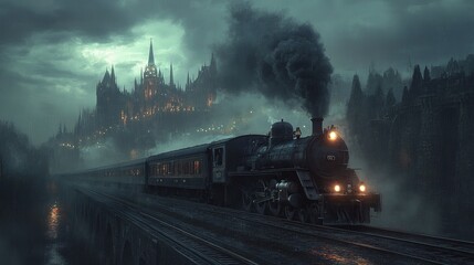 The powerful steam locomotive travels through a misty night with an ominous gothic castle in the background, creating a mysterious and dark atmosphere rich in detail.