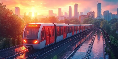 Fototapeta premium High-Speed Train Traveling Through a Scenic Cityscape