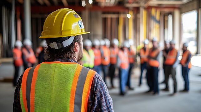 A worker in the foreground wearing a yellow helmet and orange vest facing a group of workers, all in safety gear, attending a construction safety training session.