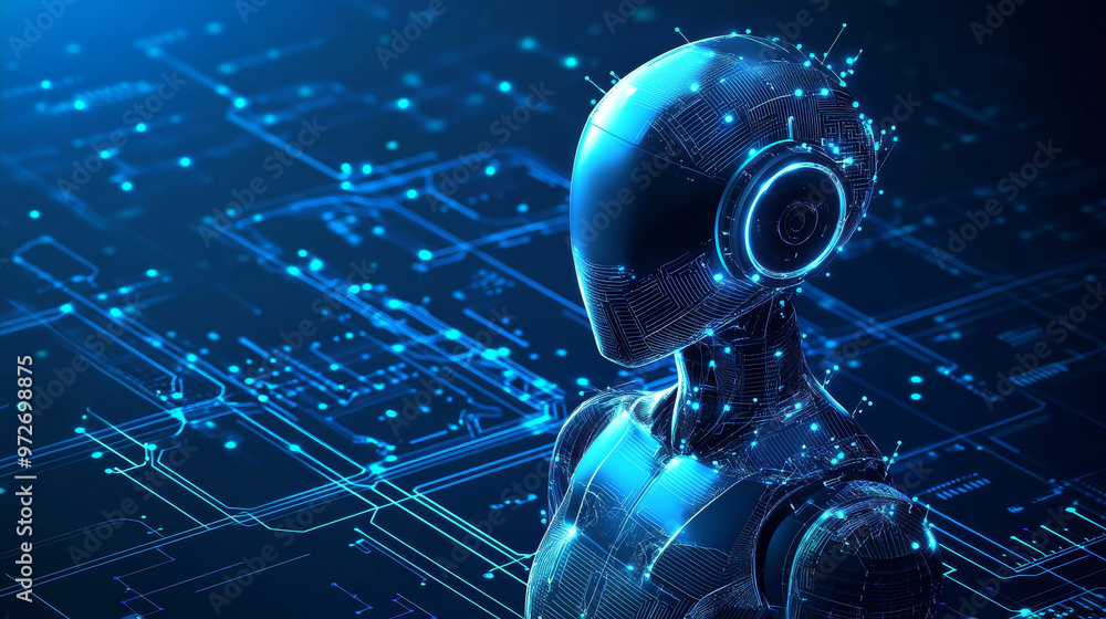 Poster a 3d vector illustration of an ai robot composed of wireframe polygons and interconnected dots again