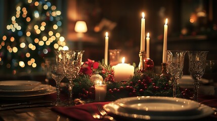 Table set for Christmas dinner with elegant china, candles, a festive centerpiece, and holiday-themed place settings. 4K hyperrealistic photo.